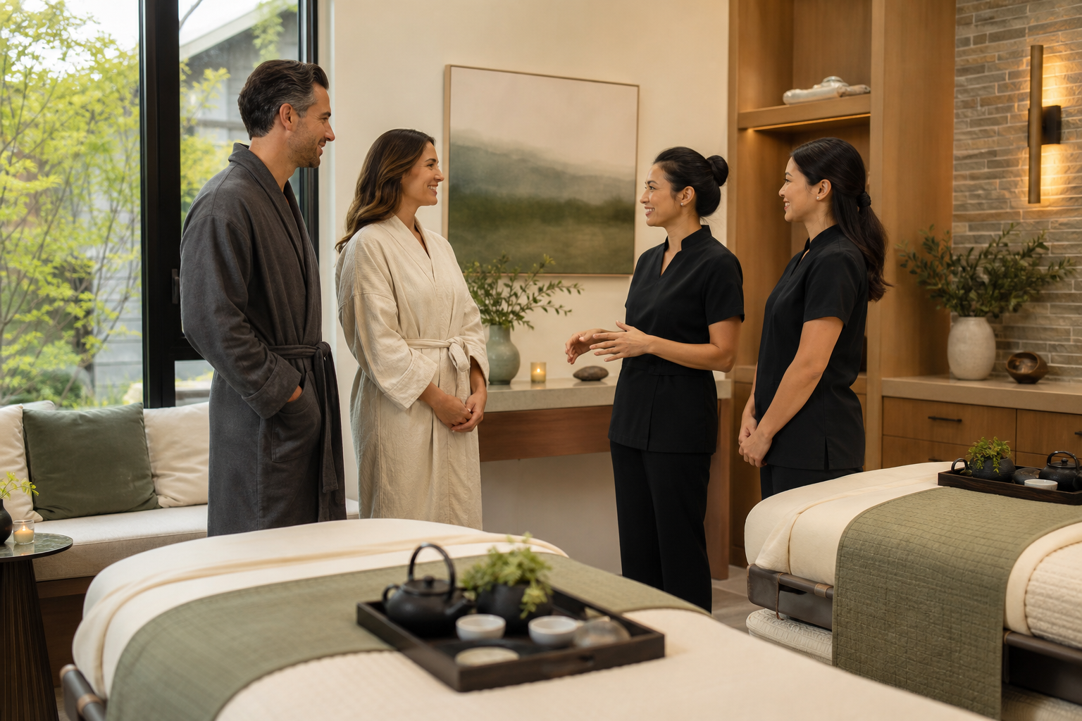 Couple preparing for a relaxing couples massage for two in Beaverton, Oregon